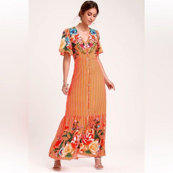 Lulus Dresses & Skirts - Lulus Roam the Riviera Orange Multi Striped
Button-Up Maxi Dress Size S